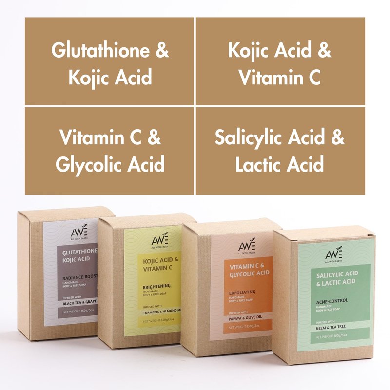 All With Earth Handmade Face & Body Soap Set of 4 Soaps Skin Brightening Hydrating Variants Vitamin C Retinol Kojic Acid Collagen Radiant Healthy Skin (Brightening Blends)