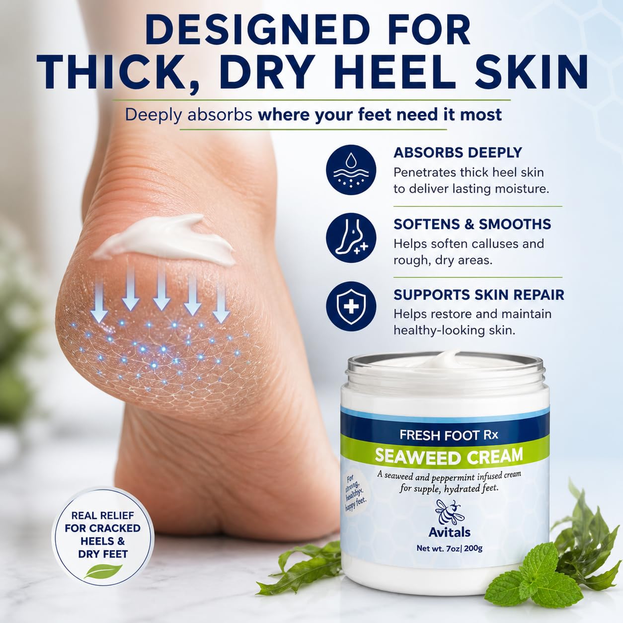 Avital's Fresh Foot RX Foot Cream – Intensive Cracked Heel Repair Treatment – Peppermint Moisturizer with Panthenol, Allantoin & Seaweed Extract – Softens Calluses & Rough Feet – 7 oz