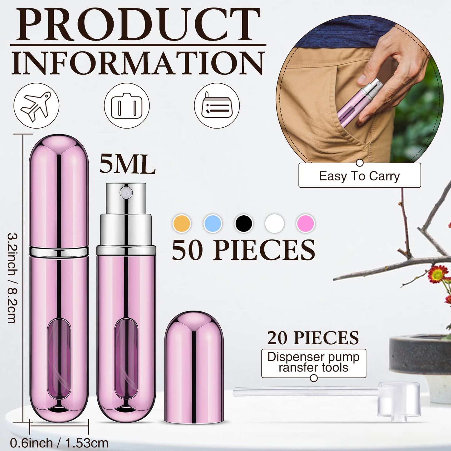 Gerrii 50 Pcs Travel Mini Perfume Refillable Portable Perfume Spray Bottle Perfume Pocket Perfume Dispenser with 20 Pcs Pump Accessories Essentials Spray Containers Scent Pump Case, 5ml (Multicolor)