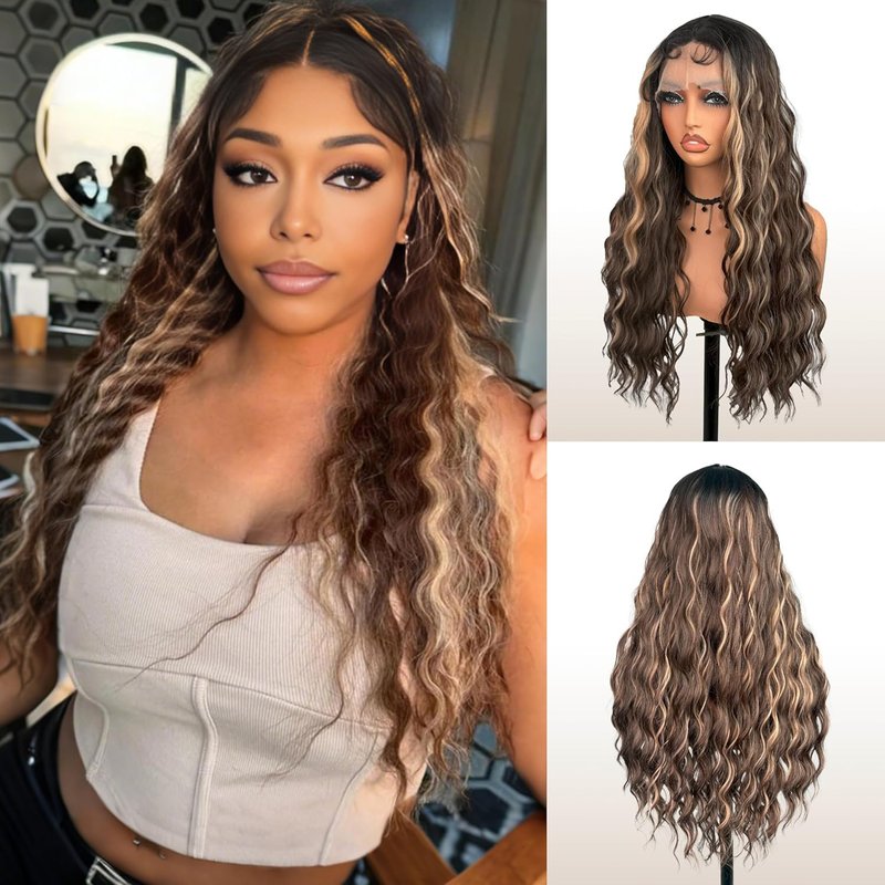 Lace Front curly Synthetic Wig for Women 32 Inch Long Deep Curly Wavy T part HD Transparent Glueless Lace wig Heat Resistant Fiber Pre Plucked Hairline with Baby Hair（Brown highlights）