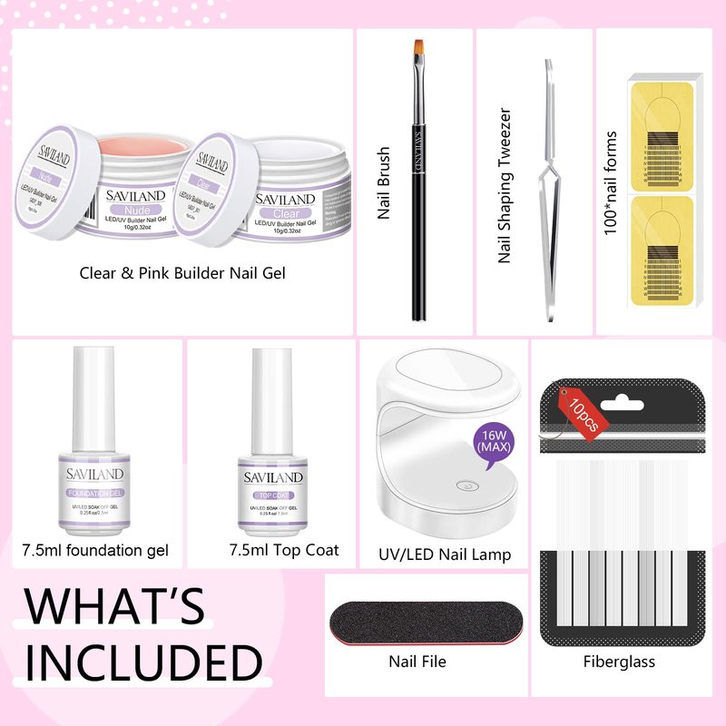 SAVILAND Builder Nail Gel Set - 2 Basic Colors Nail Extension Kit for Thickening Strengthening & Apex Building with Foundation Gel Top Gels LED Lamp Brush 100 Pcs Nails Forms for Home Salon