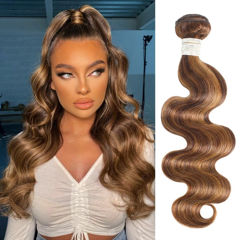 AUROO 12A Honey Blonde Highlight Body Wave Single Bundles Human Hair 10 Inch, 100% Virgin Brazilian Weaves Thick Track Brown Ombre #P4/27 Balayage Colored Human Hair Bundles Extensions Sew In Remy