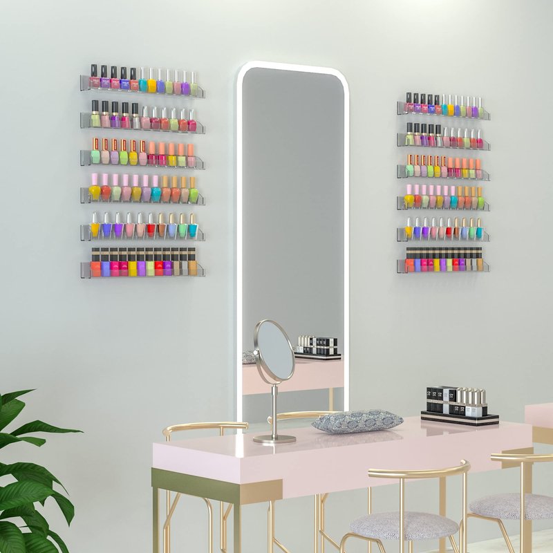Hexsonhoma 15 Inch Acrylic Nail Polish Rack for Wall Set of 6, Wall Mounted Nail Polish Display Rack with End Caps, Nail Oranizer and Storage for Nail Tech, Hold Up to 90 Bottles (15 Inch)