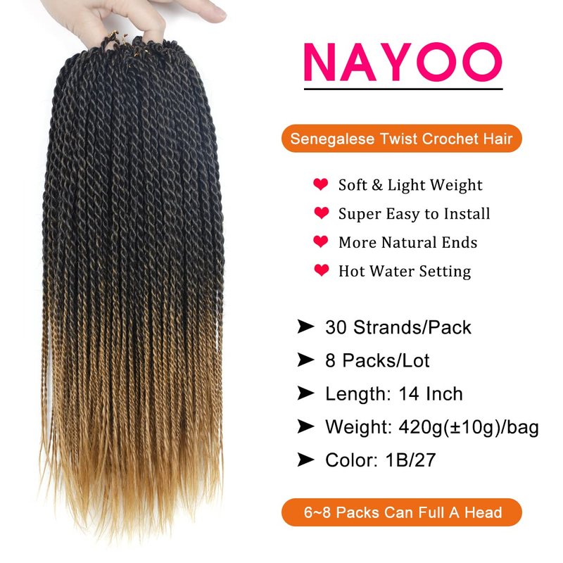 NAYOO Senegalese Twist Crochet Hair - 8 Packs 14 Inch Small Crochet Hair for Braiding, 30 Strands/Pack Braid Crochet Hair For Women, Crochet Twist Hair Braiding Hot Water Setting(14 Inch,1B/27)