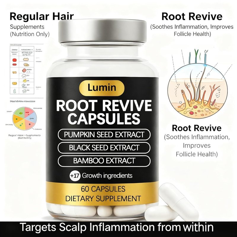 Lumin Root Revive Capsules – Hair Support Supplement for Thinning Hair, Healthy Scalp & Thickness – With Biotin, Black Seed, Bamboo, Saw Palmetto & 17 Nutrient-Rich Ingredients (1)