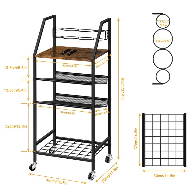 OYEAL Bathroom Storage Cart with Wheels Rolling Bathroom Shelves Slim Freestanding Bathroom Towel Storage Organizer with Hair Tool Holder for Small Spaces, Rustic Brown