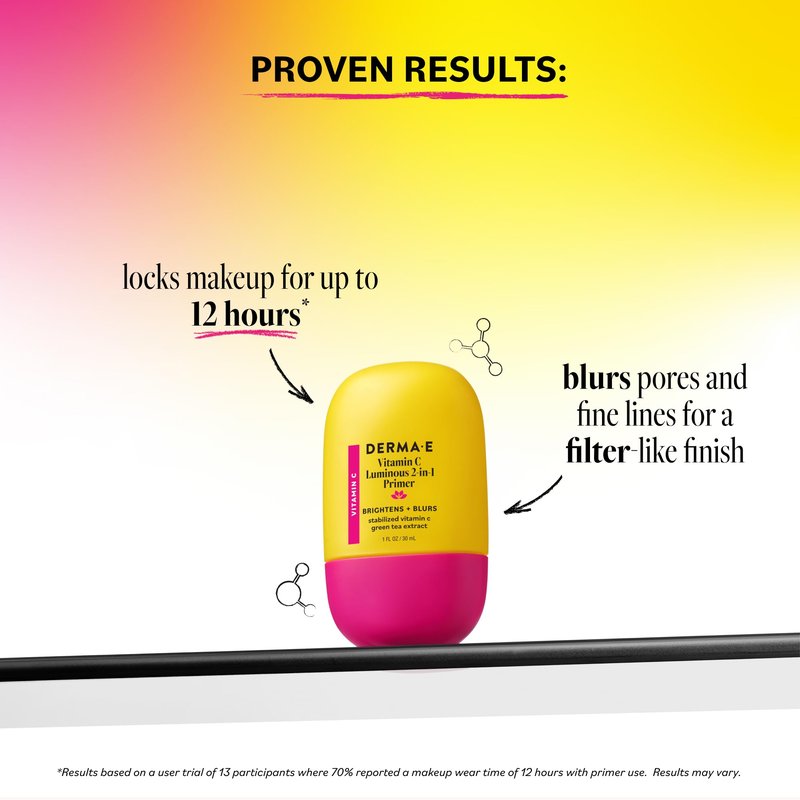 DERMA E Face Primer, Vitamin C Luminous 2-in-1 Brighten & Blur Primer, 1 Fl Oz, Stabilized Vitamin C, Hyaluronic Acid & Aloe Vera, Blurs Appearance of Pores, Wear Under Makeup for All Day Hold
