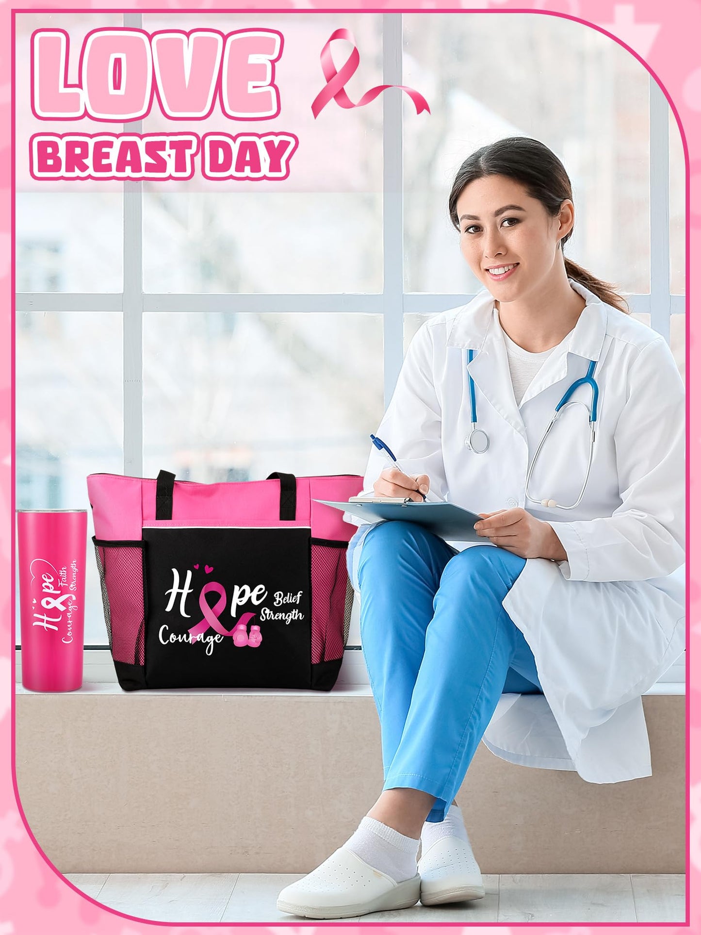 Paterr 2 Pack Breast Cancer Awareness Gifts Chemo Bags and Totes Chemo Care Package for Women Breast Cancer Accessories(Classic Pink,Breast Cancer)