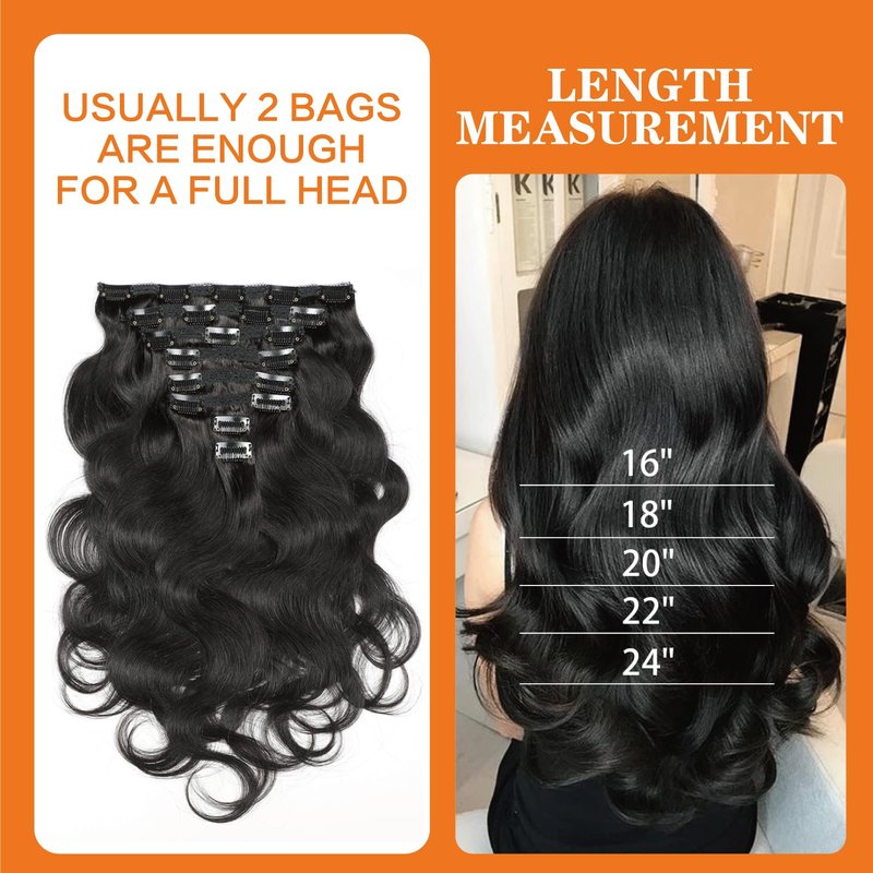 Yacurcur Body Wave Clip Ins Human Hair 8Pcs/Set 120 Gram Body Wave Clip in Hair Extensions 10A Brazilian Virgin Human Hair for Black Women Natural Black Color 22 Inch