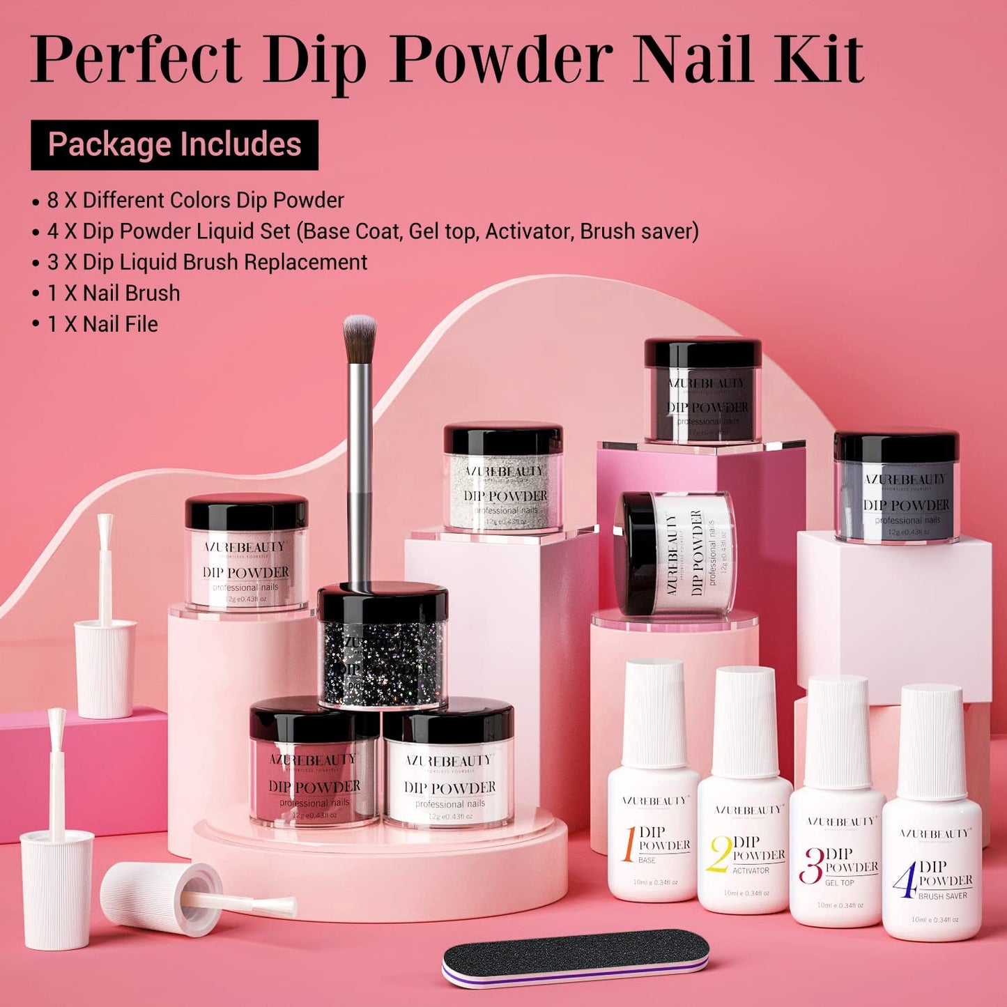 17Pcs Dip Powder Nail Kit Starter, AZUREBEAUTY 8 Color Nude Clear White Classic Nail Dip Powder Kit System With Base Top Coat Ativator Brush Saver for French Nail Art