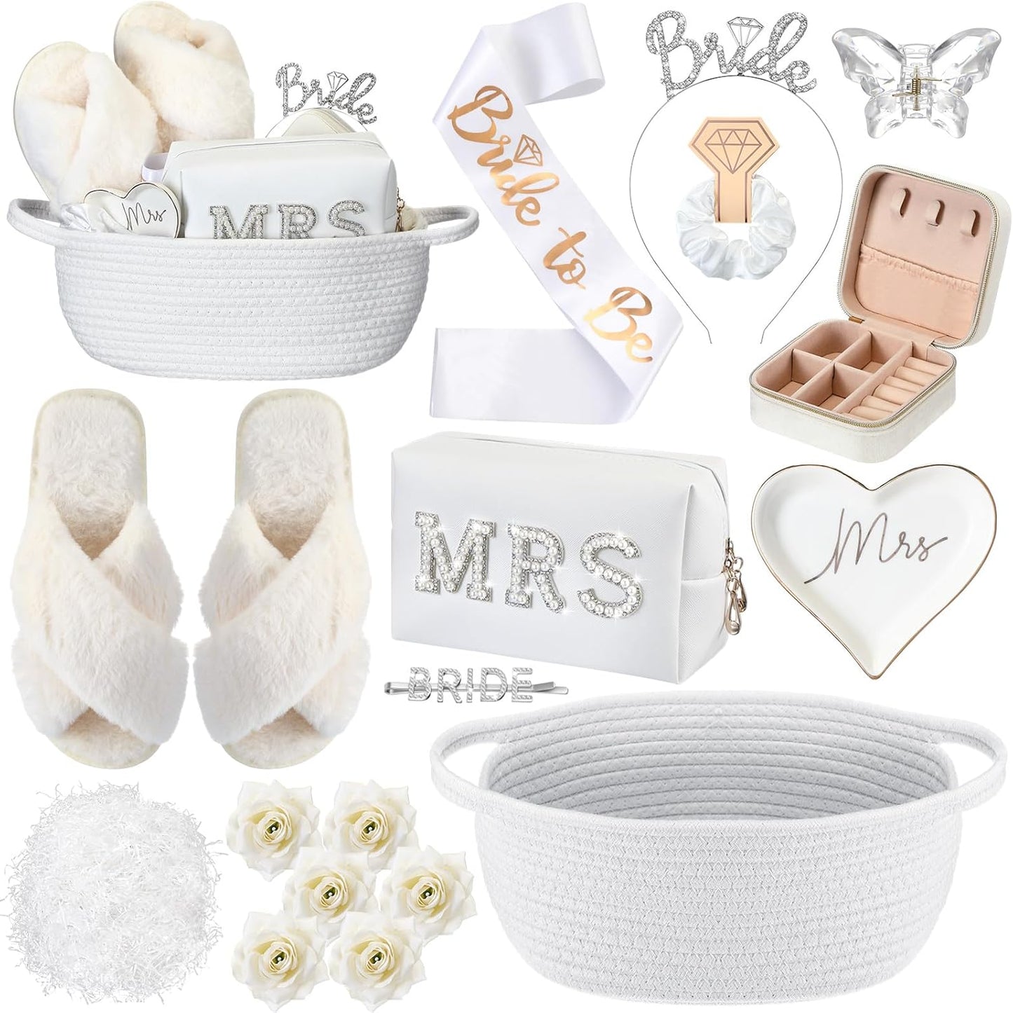 Bride To Be Gift Basket - 17 Pcs Bridal Shower Set with Makeup Bag, Slippers, Sash & More | White