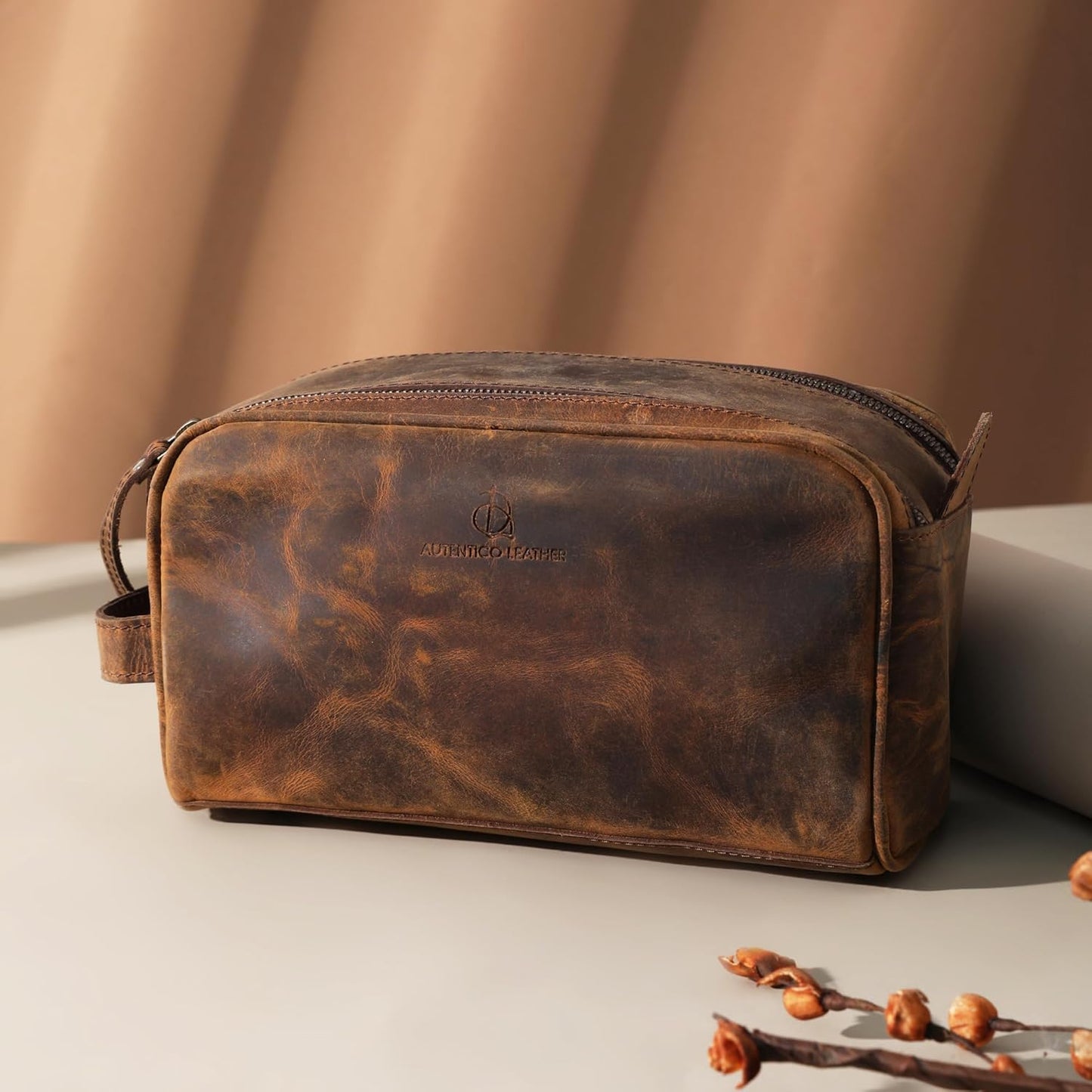 Toiletry Bag for Men - Genuine Leather Dopp Kit | Large Travel Organizer for Grooming Essentials in Distressed Brown