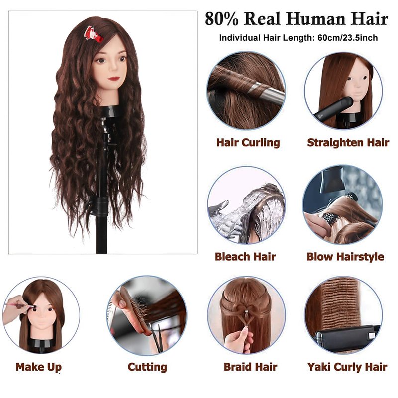 Mannequin Head Human Hair, Beauty Star Doll Head for Practice Hair Styling, 80% Real Hair Cosmetology Makeup Hairdressing Training Manicanequin Head with Clamp Stand + DIY Braiding Set