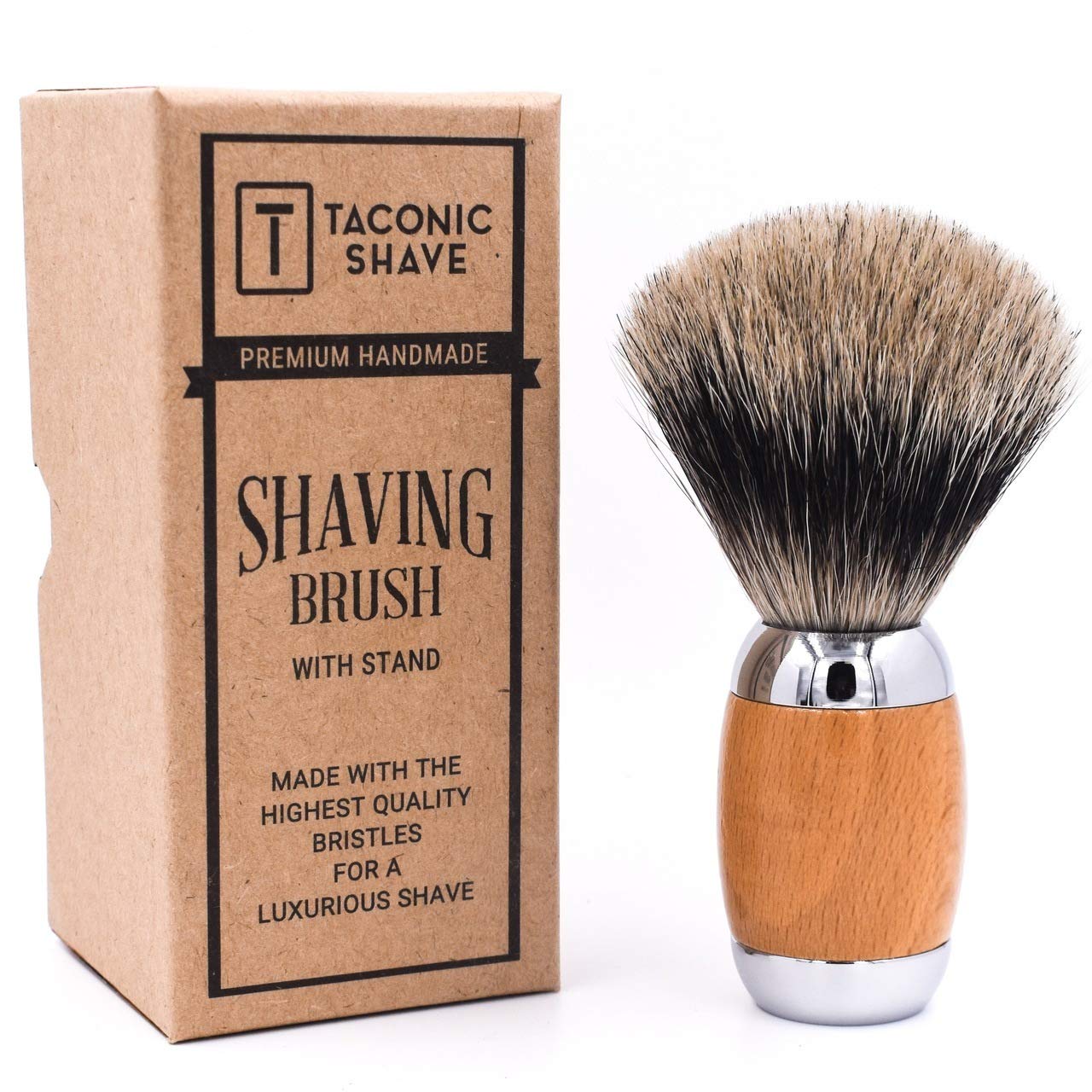 Taconic Shave's 3-Band Pure Badger Luxury Shaving Brush – Deluxe Beechwood and Chrome Handle - Shaving Stand Included