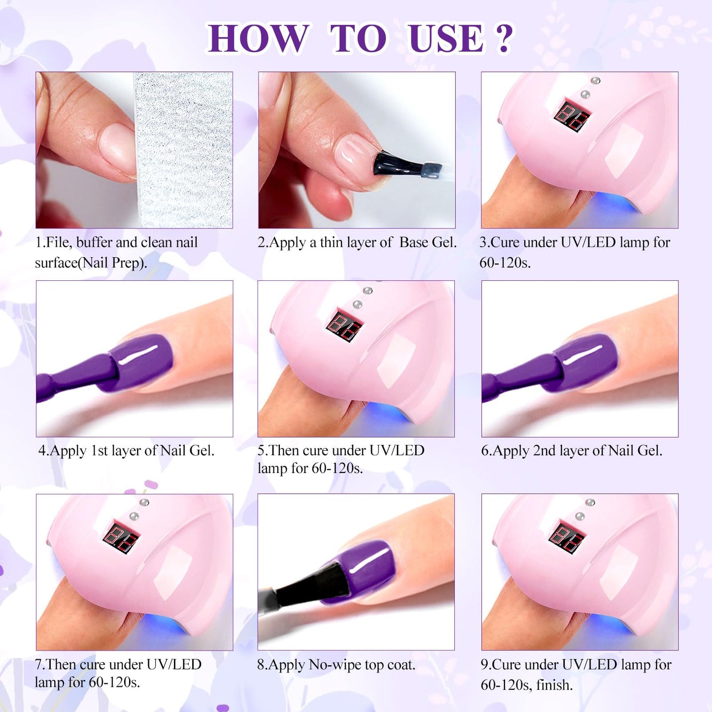 MEET ACROSS Purple Gel Nail Polish Set, 8 Colors Purple Pastel Pink Lavender Gel Polish Soak Off Grape Lilac Violet Gel Nail Art Manicure DIY Salon