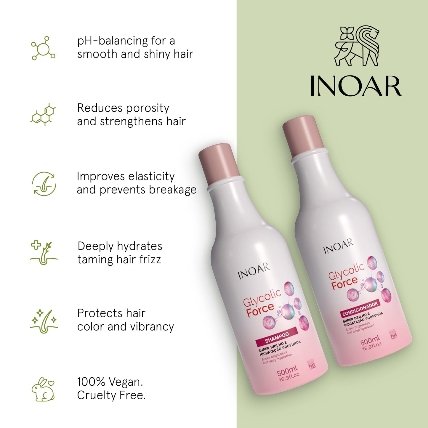 Inoar Glycolic Force Shampoo & Conditioner Bundle with Glycolic Acid for Deep Cleansing, Intense Hydration & Renewed Shine, 2 x 16.9 fl.oz