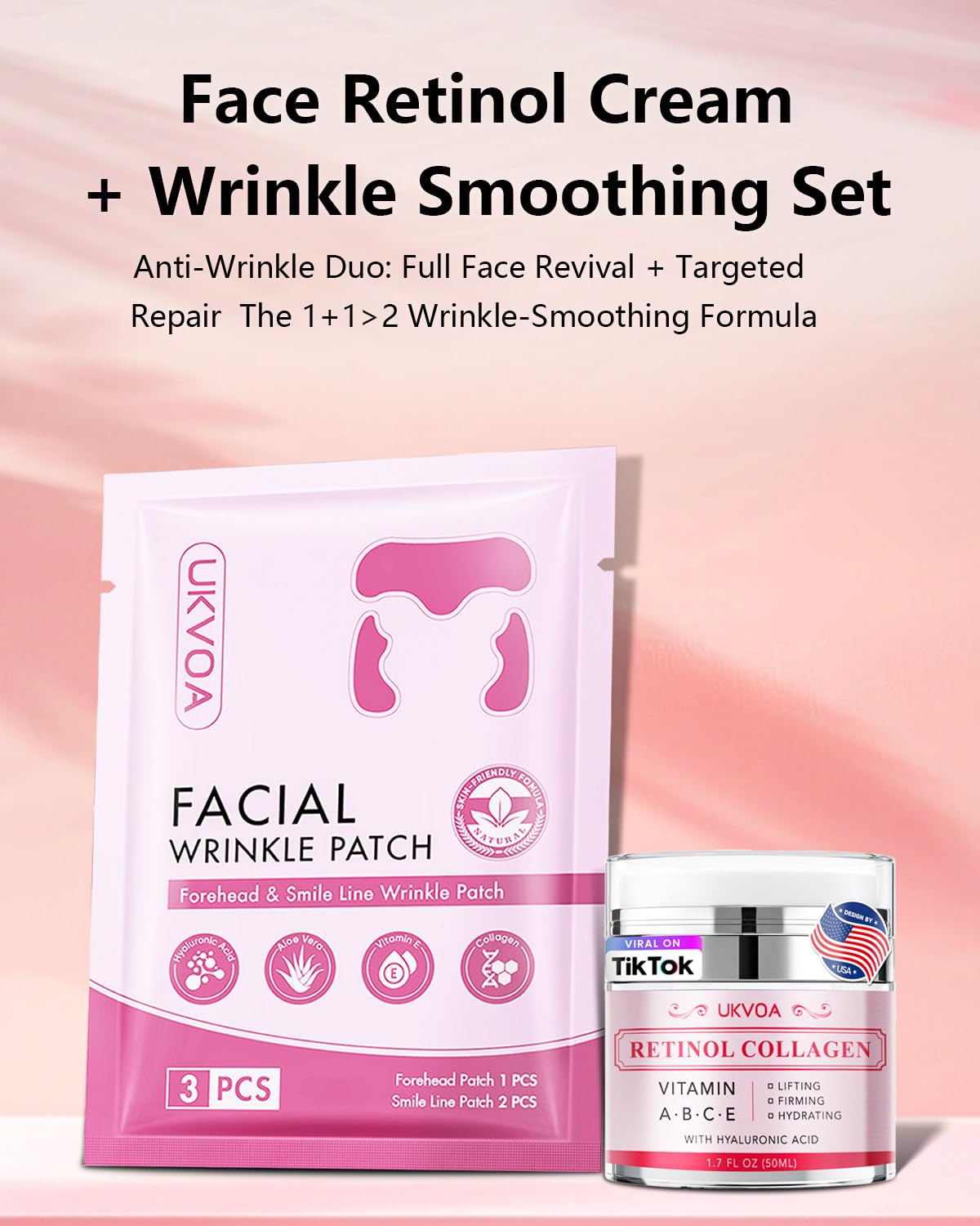 UKVOA Forehead Wrinkle Patches & Smile Line Patches, Overnight Facial Wrinkle Treatment with Hyaluronic Acid, Aloe, Collagen & Vitamin E to Lift Smile Lines for Women 36pcs with Face Retinol Cream