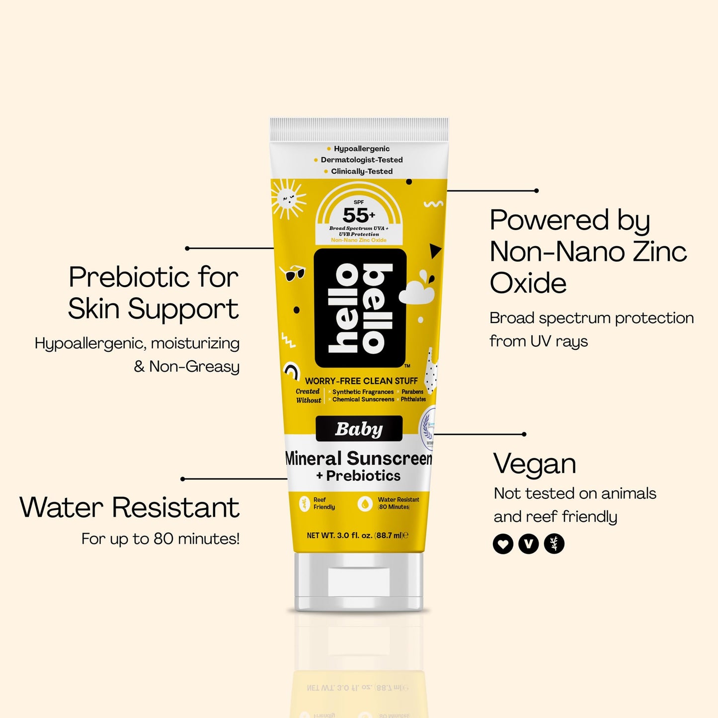 Hello Bello Mineral SPF 55 Sunscreen Lotion with Prebiotics, Water Resistant and Reef Friendly Sun Protection for Babies and Kids, 3 fl oz (Pack of 1)