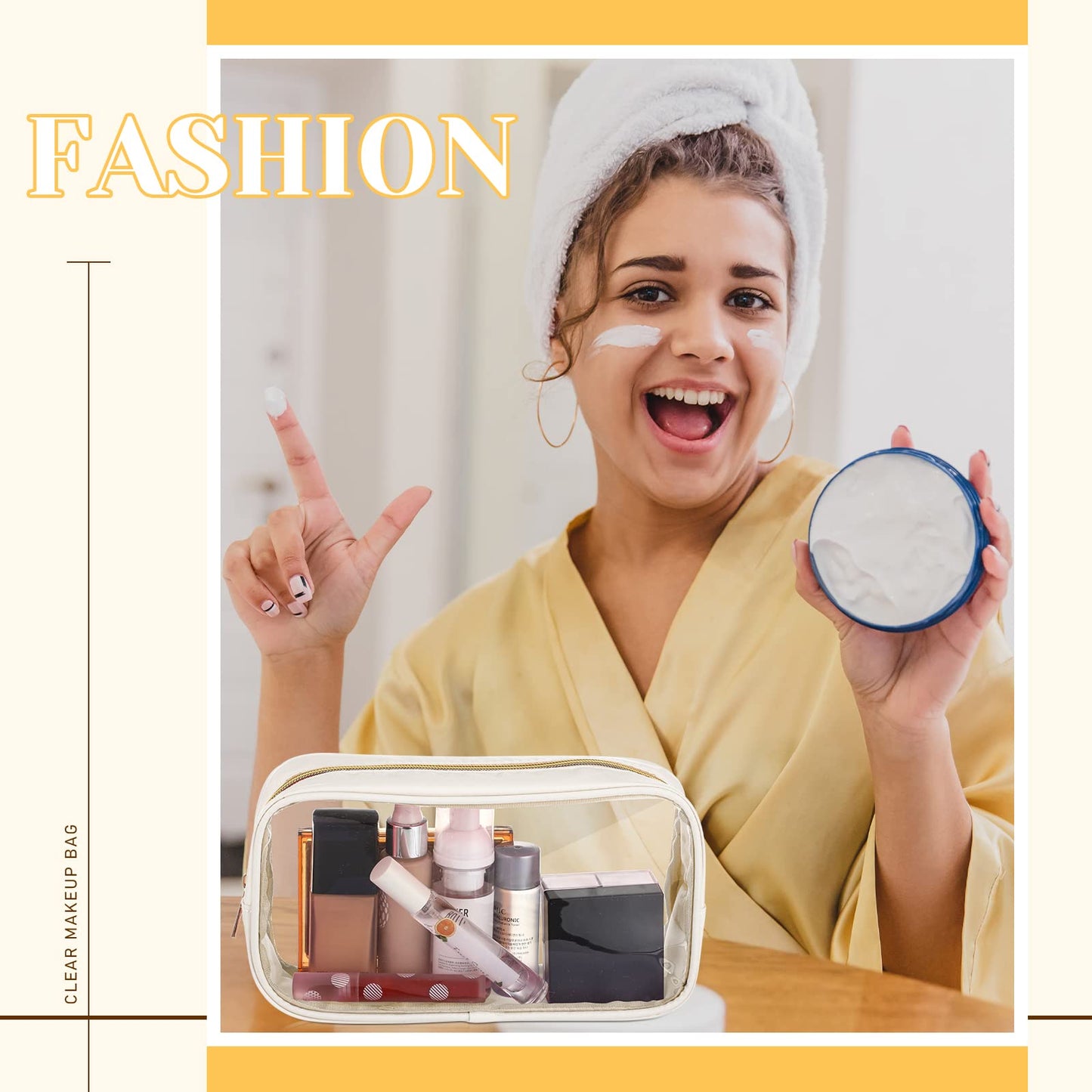 Cunno 9 Pcs Preppy Clear Makeup Bag DIY Chenille Letter Pouch Large Nylon Makeup Bag Travel Toiletry Zipper Cosmetic Organizer Pouch PVC Bags for Women, 9.5 x 5.1 x 2.8 Inch(Cream White)