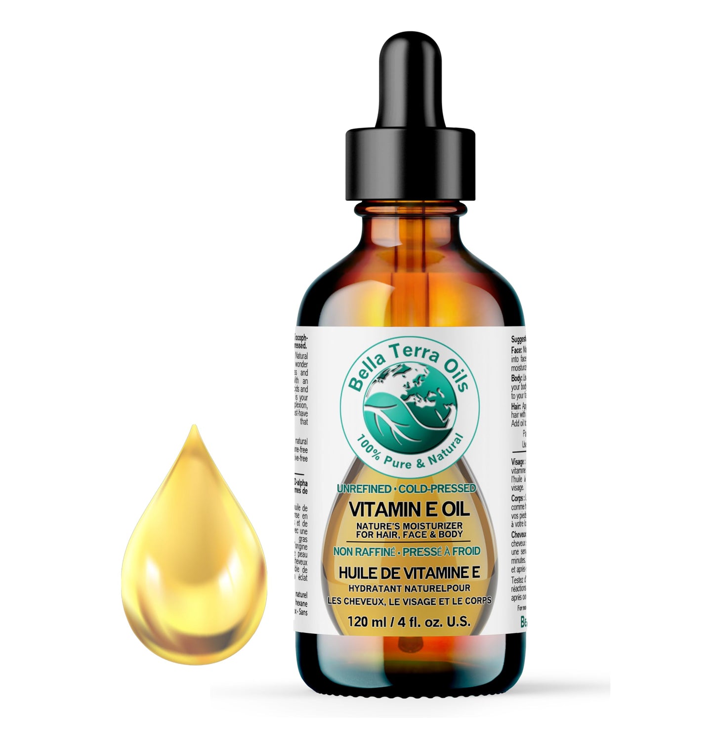 Bella Terra Oils Natural Vitamin E Oil 4oz – Wheat Germ Derived D-Alpha Tocopherol Oil for Face, Body & Hair