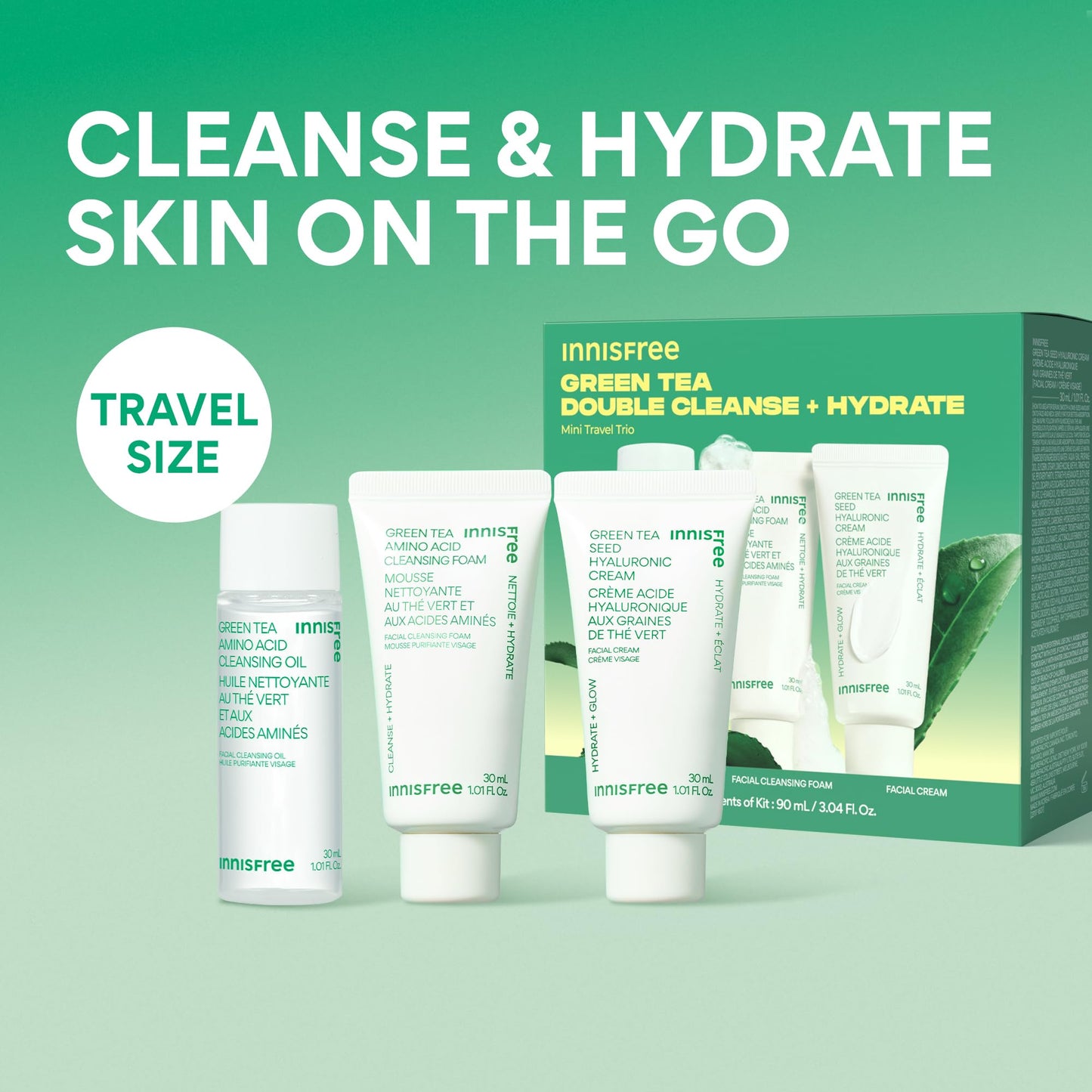 innisfree Green Tea Double Cleanse + Hydrate Trio | Korean Skincare Set with Hydrating Cleansing Oil, Face Wash, and Moisturizer | Gentle Lather | Sulfate-Free | Available in Gift Sets