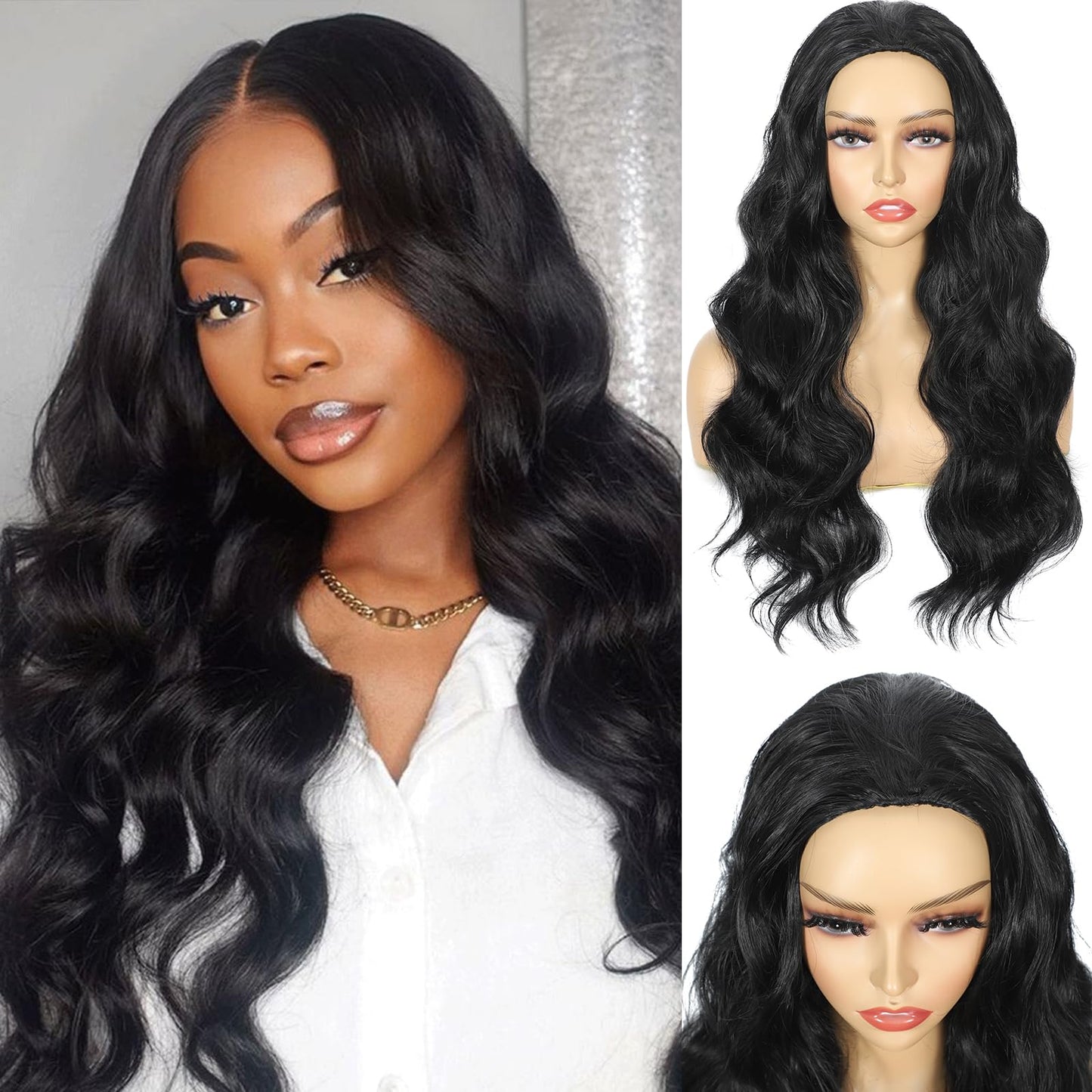 DEYNGS Synthetic Half Wig, Long Water Wave 3 In 1 Black Half Wigs For Black Women, Seamless Flip Over Glueless Beginner Friendly Deep Wavy Curly Wigs Drawstring Headband Wig for Daily Use
