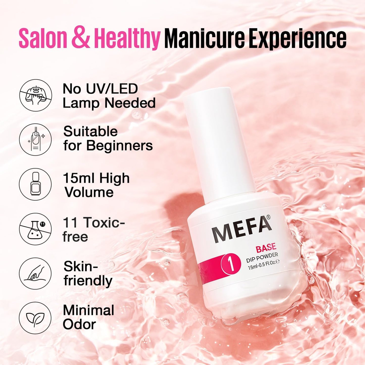 MEFA Dip Powder Liquid Set Base, Top Coat, Activator, Brush Saver 15 ml 0.5 Oz 4 Pcs with 5 Replacement Liquid Brushes for Dipping Powder Nail Kit No Nail Lamp Needed