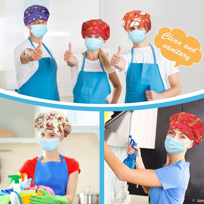 6 Pcs Christmas Bouffant Scrub Cap with Buttons Adjustable Working Hats Surgical Cap with Sweatband for Women Men