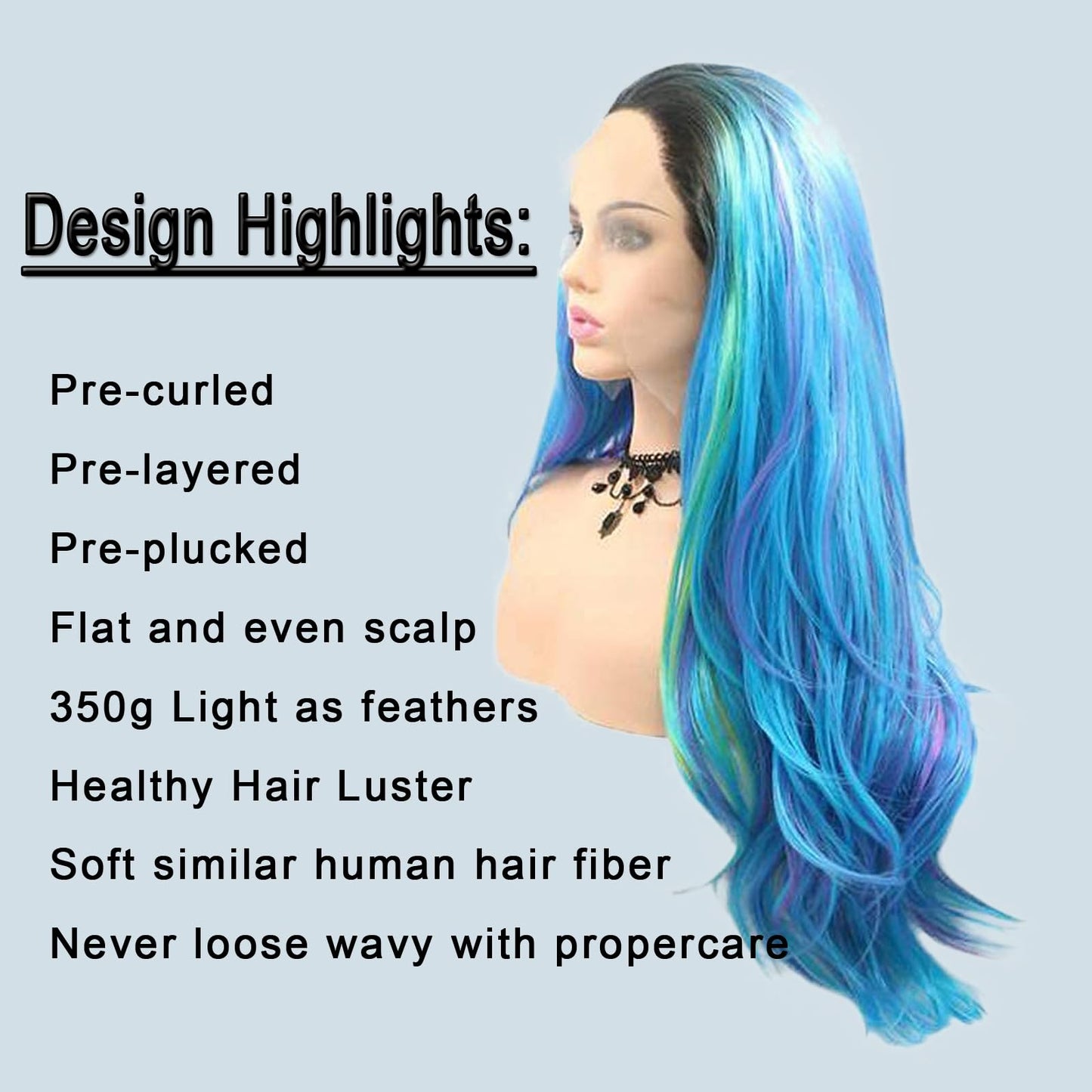 AFBeauty Lace Front Wig Highlight Blue Purple Colorful Wavy Ombre Wigs for Women Lace Frontal Pink Green Wig Synthetic Heat Resistant Natural Loose Wave Glueless Lace Wigs 24 Inch Daily Party Cosplay