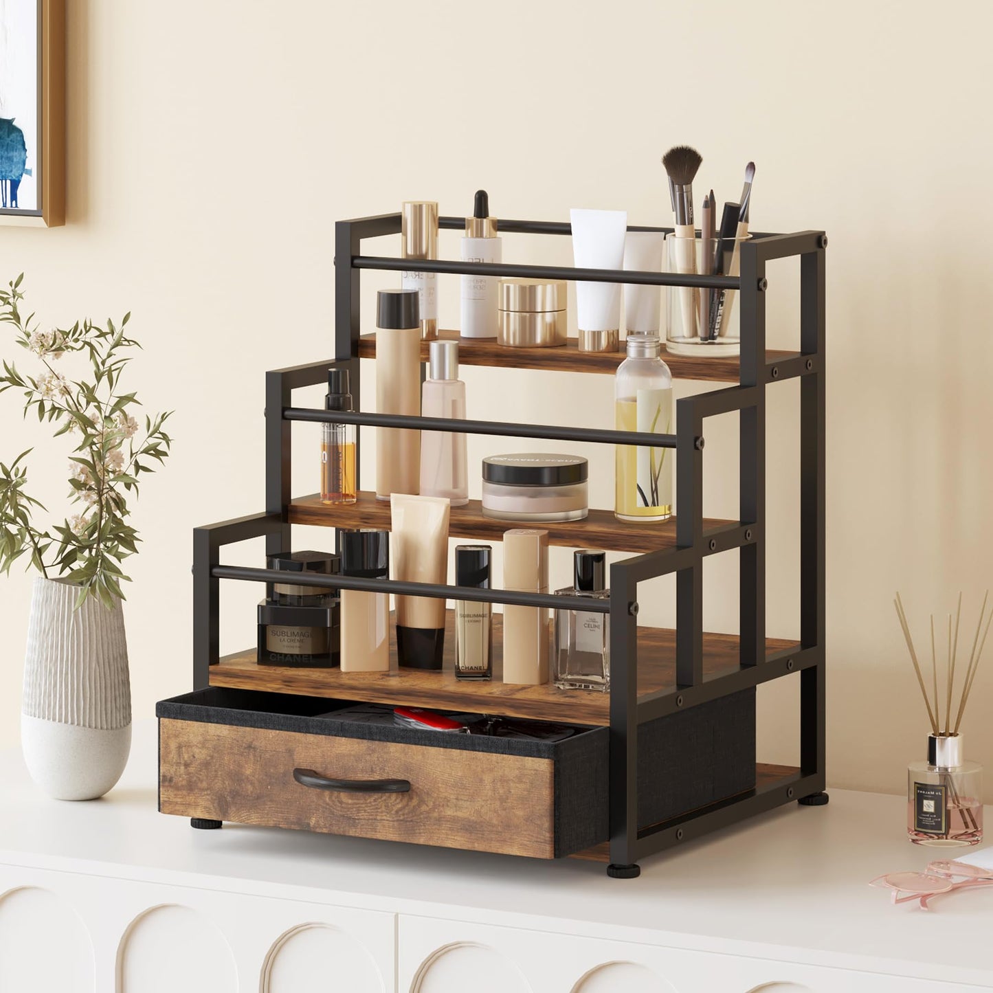 VonDream 3-Tier Cologne Stand with Fabric Drawer, Cologne Organizer for Men, Spacious Wine Rack,Coffee Syrup Stand for Kitchen, Bathroom & Bar Counter Décor
