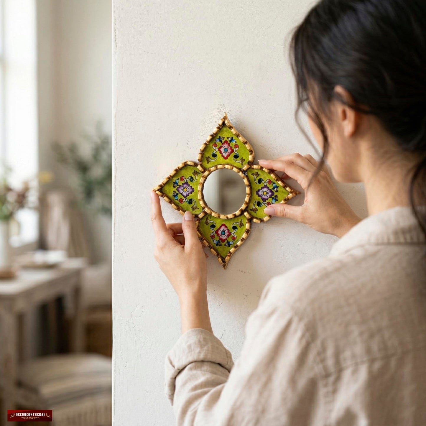 DecorContreras Peruvian Wall Mirror Lime Green Hand Painted Glass Diamond