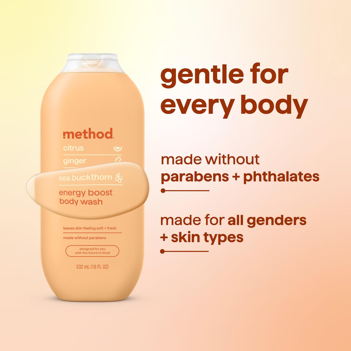 method Body Wash, Energy Boost - Leaves Skin Feeling Soft & Moisturized, Made Without Parabens, Notes of Citrus, Ginger & Sea Buckthorn, 18 fl oz