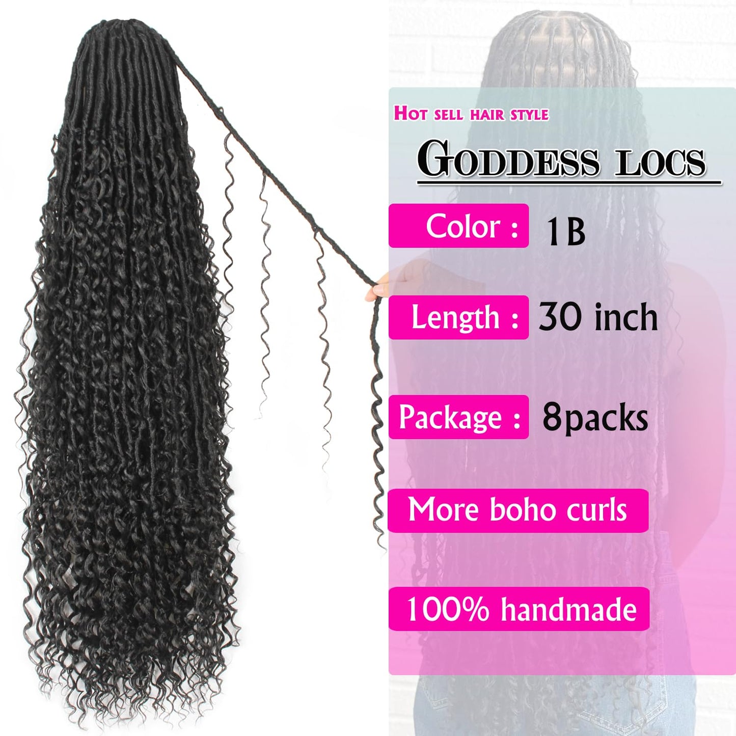 Goddess Locs Crochet Hair - 30 Inch Faux Locs with Curly Ends | 8 Packs Bohemian River Locs for Black Women (1B)
