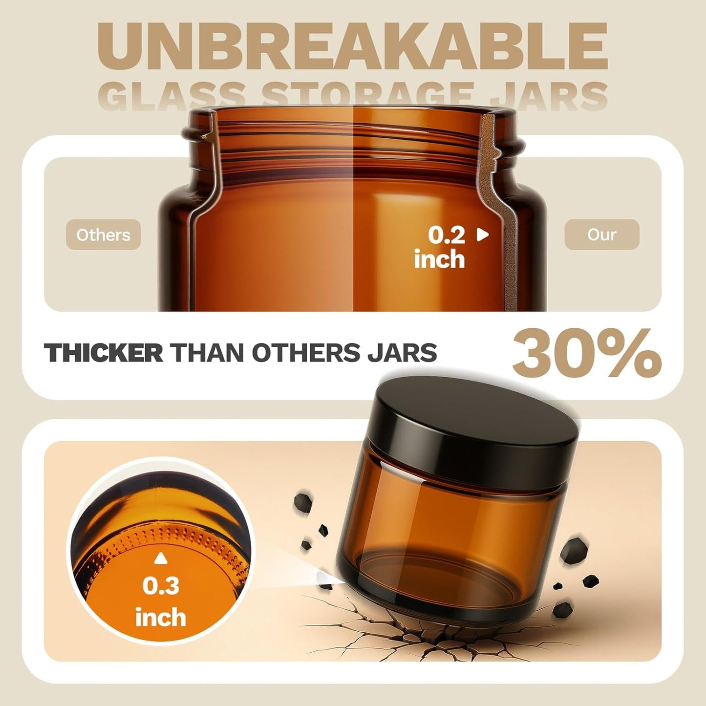 Amber Glass Cosmetic Jars - 2 oz Small Round Containers with Lids | 24 Pack for Lotion, Cream, Salve, and Ointments