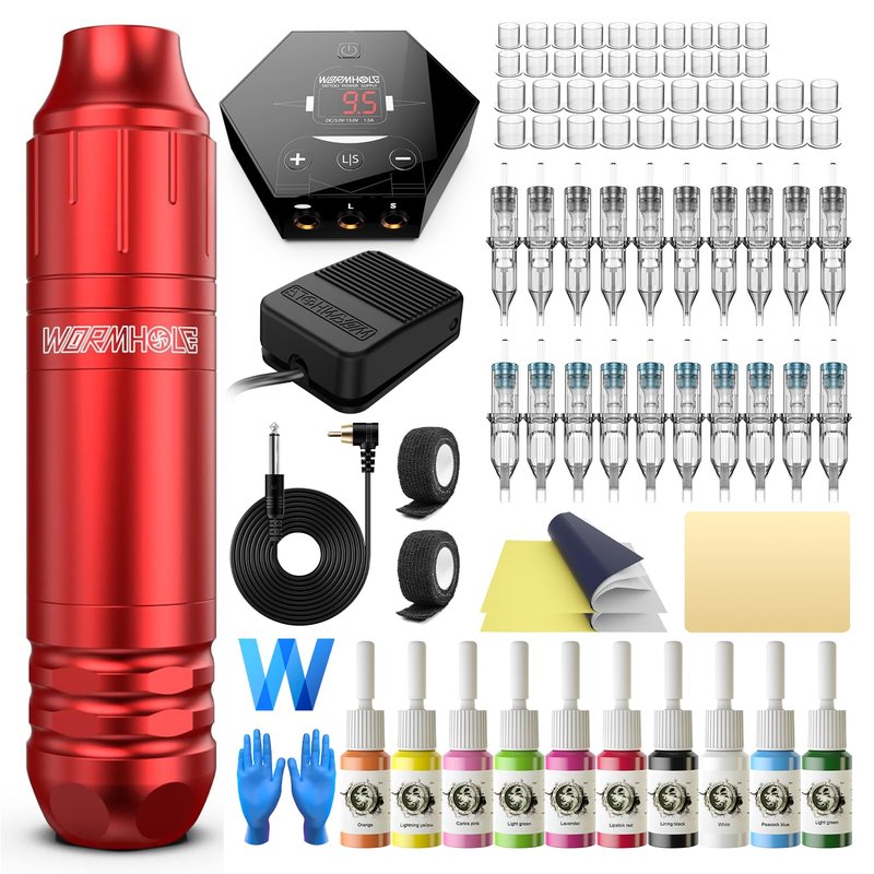 Tattoo Kit, Wormhole Tattoo Machine Kit Rotary Tattoo Machine 20pcs Cartridge Needles 10pcs Tattoo Ink Complete Tattoo Practice Pen Kit for Beginners and Tattooists WTK144