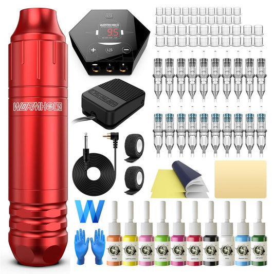 Tattoo Kit, Wormhole Tattoo Machine Kit Rotary Tattoo Machine 20pcs Cartridge Needles 10pcs Tattoo Ink Complete Tattoo Practice Pen Kit for Beginners and Tattooists WTK144