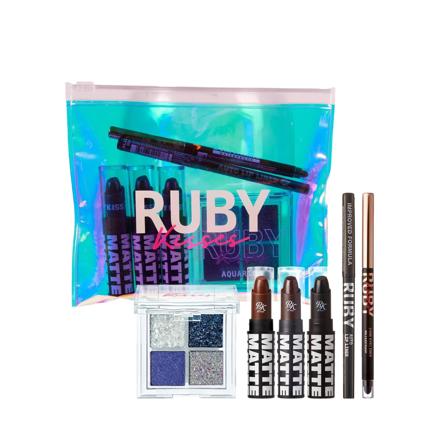Ruby Kisses Limited Edition Bold Makeup Kit – 3 Mattest Matte Lipsticks, Glitter Gem Palette, Waterproof Eyeliner, Auto Lip Liner & Holographic Pouch