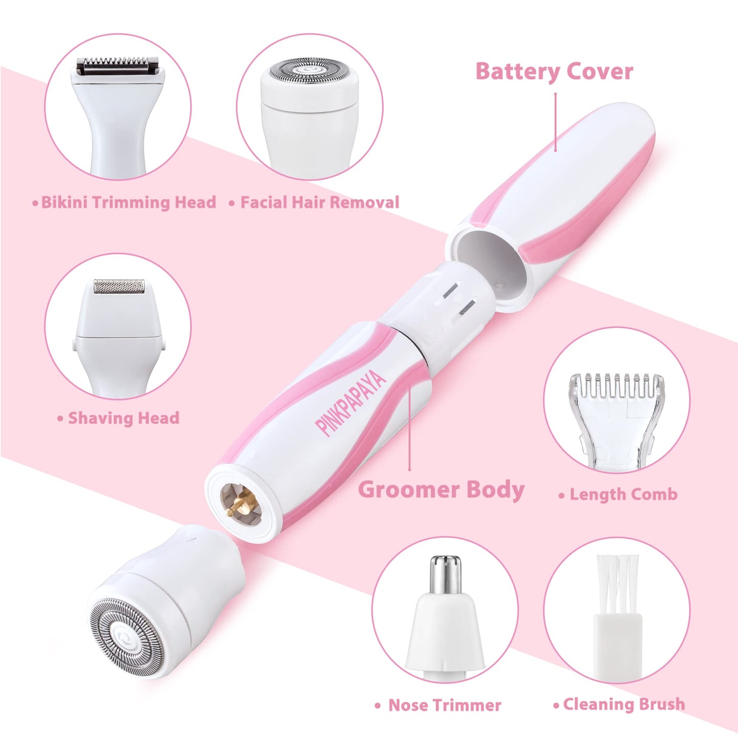 Pinkpapaya Electric Bikini Trimmer for Women,4 in 1 Electric Shaver,Bikini Line Hair Removal and Facial Hair Remover,Face Razors & Nose Hair Trimmer,Women's Grooming Kit,Tomato/p9k8