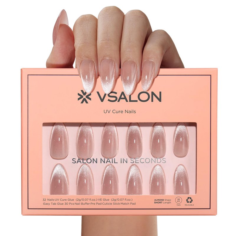 Press On Nails Almond Medium - Cat Eye French Tip Nude Pink Sparkly | 32 Pcs, Reusable, Semi-Transparent for Spring Weddings