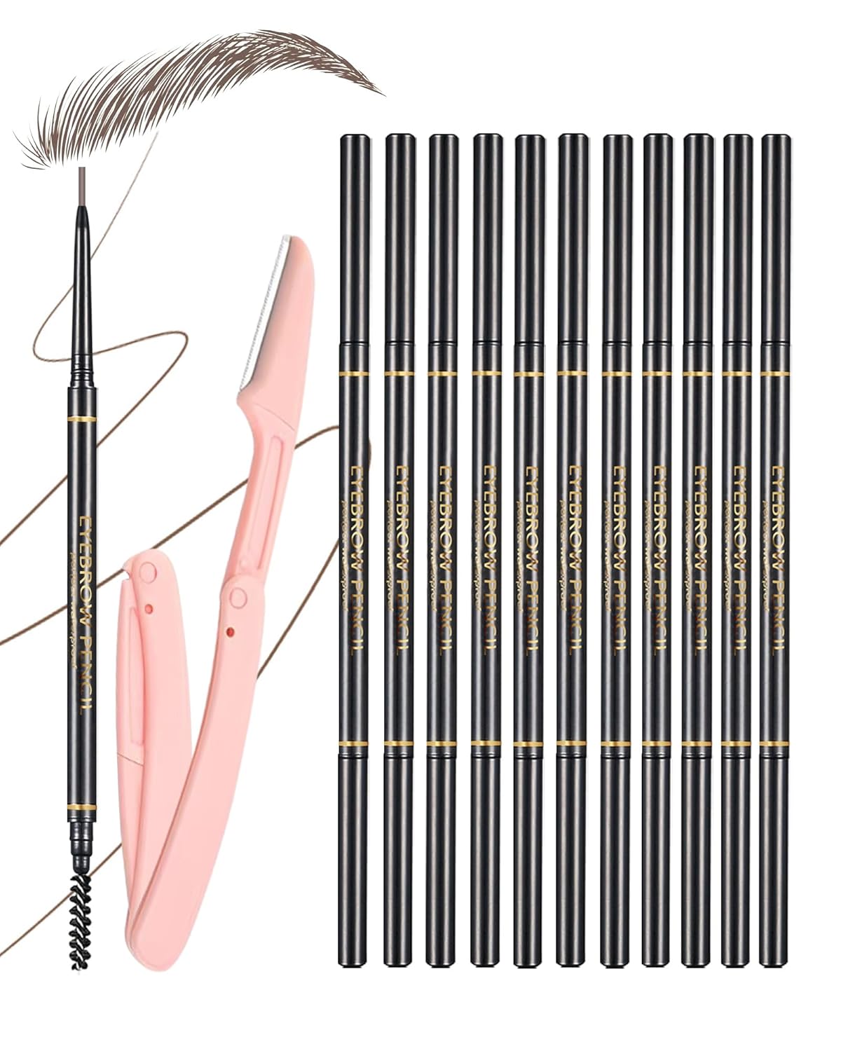 Dark Brown Eyebrow Pencils - 12 Ultra Slim Micro-Fine Tip Set with 2 Brow Razors & Spiral Brush | Long-Lasting Makeup