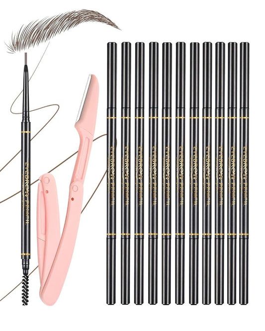 Dark Brown Eyebrow Pencils - 12 Ultra Slim Micro-Fine Tip Set with 2 Brow Razors & Spiral Brush | Long-Lasting Makeup