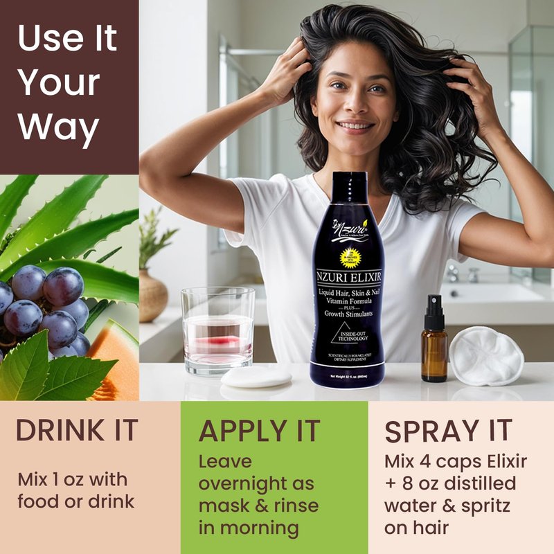 Nzuri Elixir Hair Skin and Nails Vitamins for Women and Men with Biotin, Folate, and Vitamin D for Daily Growth Supplement to Reducing Dryness, Thinning, and Loss, 32 oz.