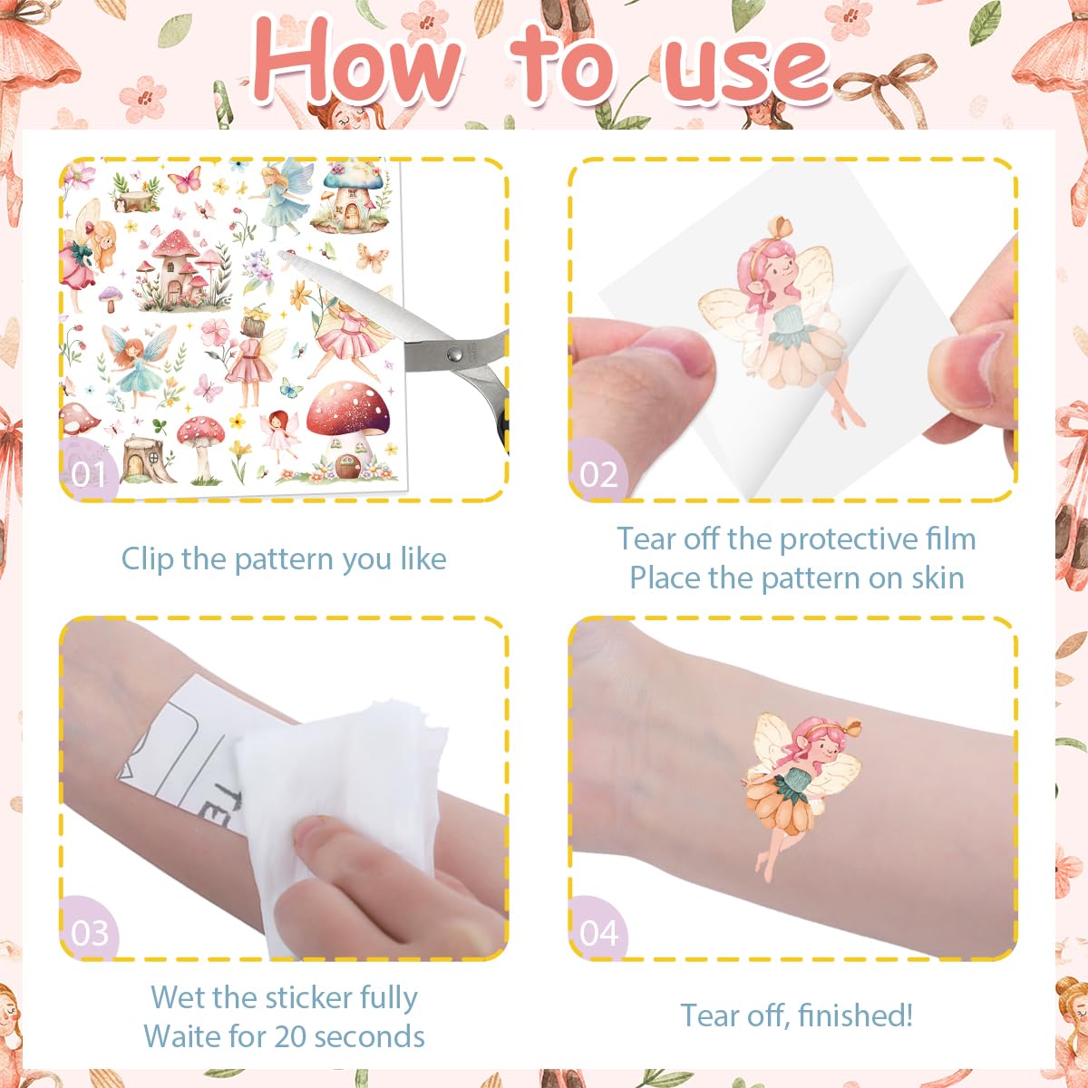 Papiailove Fairy Temporary Tattoos - Woodland Fairy Wings Magical Birthday Party Favors Decorations Supplies Spring Tea Party(8 Sheets)