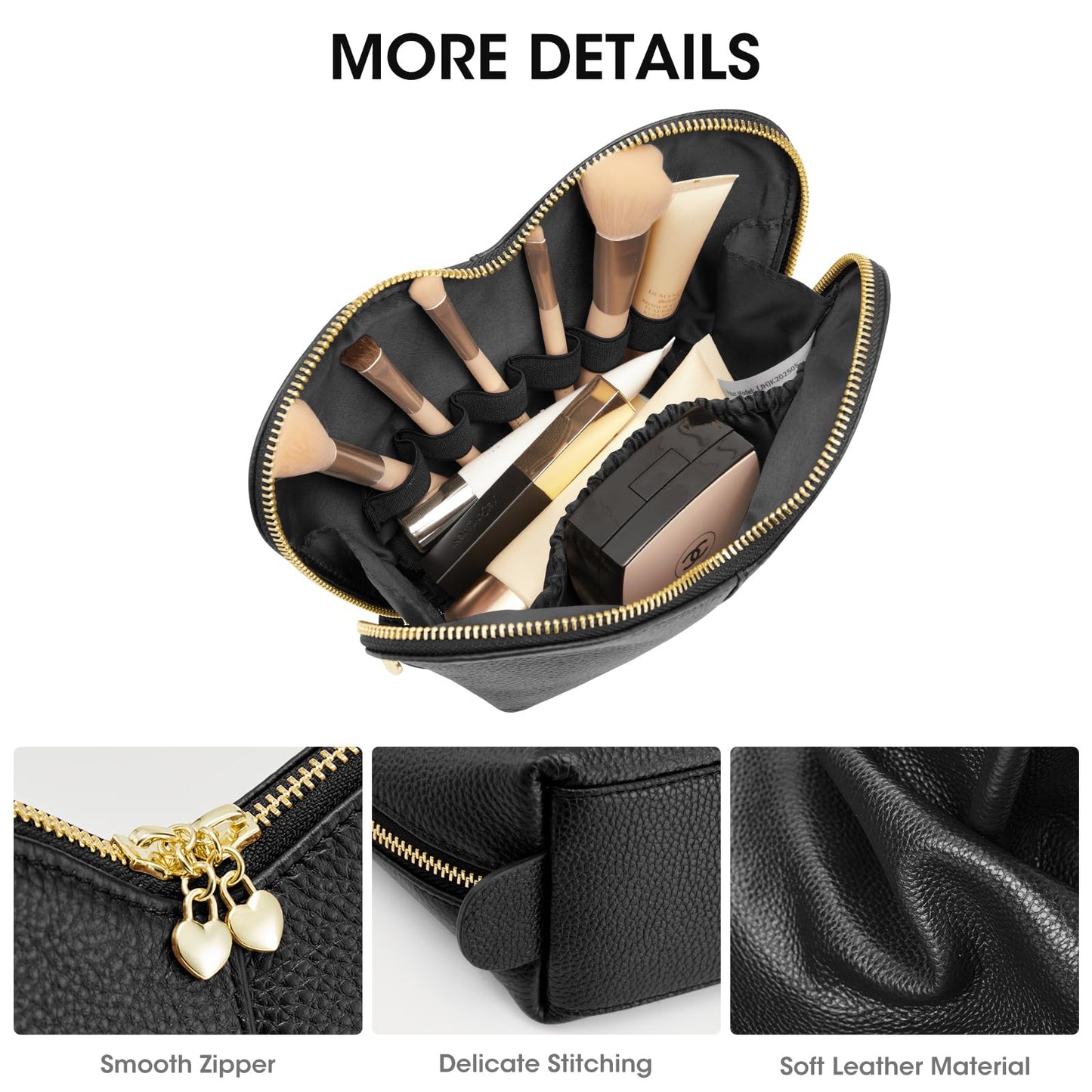 Kattee Leather Makeup Bag, Travel Large capacity Comestic Bag for Women, Heart Shaped Portable Organizer Toiletry Bag for Working, Black