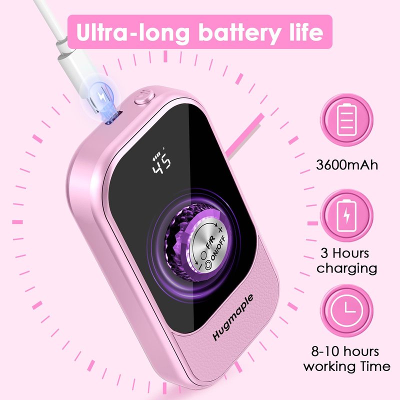 Professional Electric Nail Drill File, HUGMAPLE 45000RPM Portable E-File Machine with Bits & Base, Cordless Rechargeable Nail Drill Kit for Shaping, Removing & Polishing Gel Nails Salon Home (Purple)