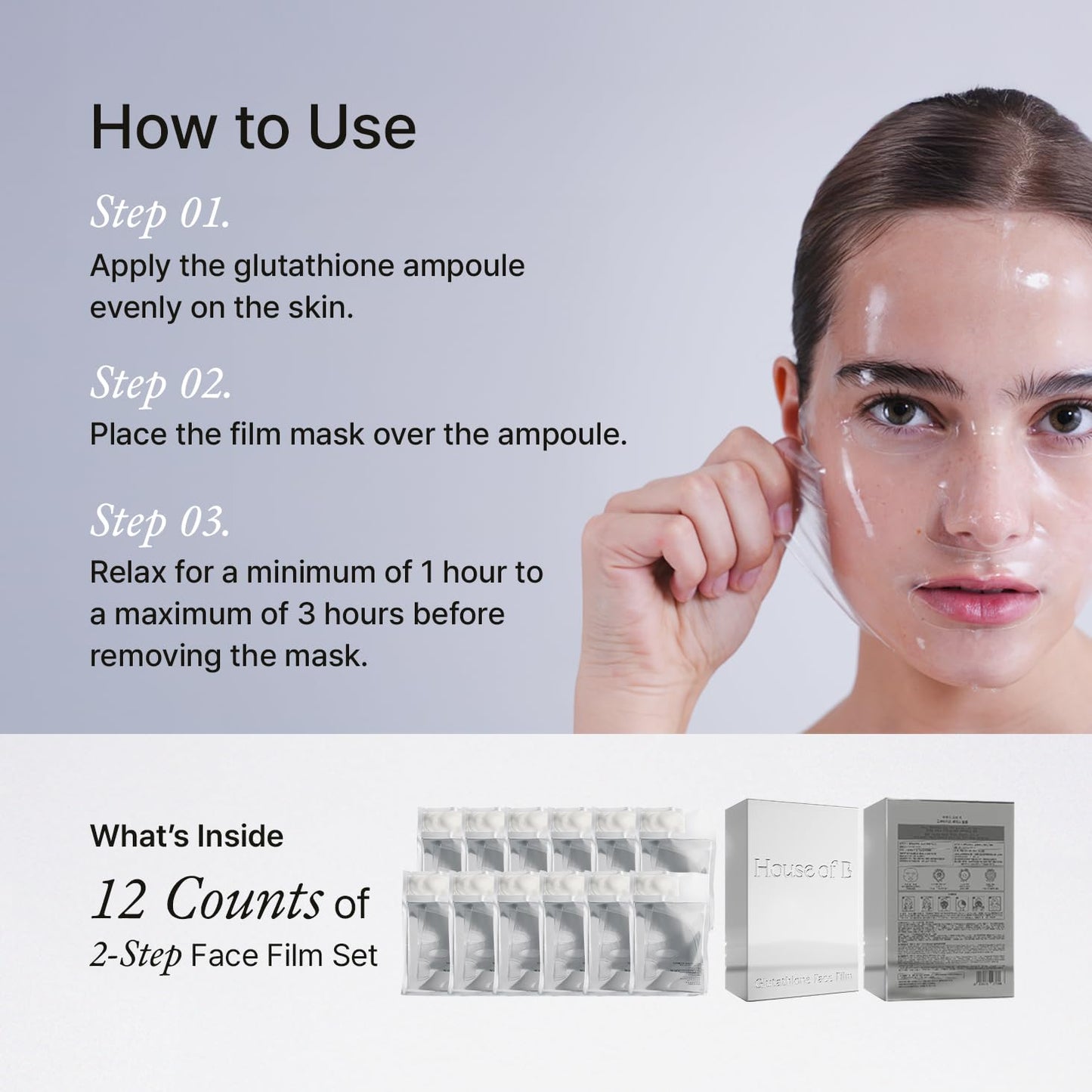 HOUSE OF B High-Purity Glutathione Face Film, 2-Step Overnight Collagen Hydrogel Face Mask for Glass Skin Glow, Elasticity, Hydrating, Firming, Moisturizing, Anti Aging, Korean Skin Care 3g+22g x 12ea