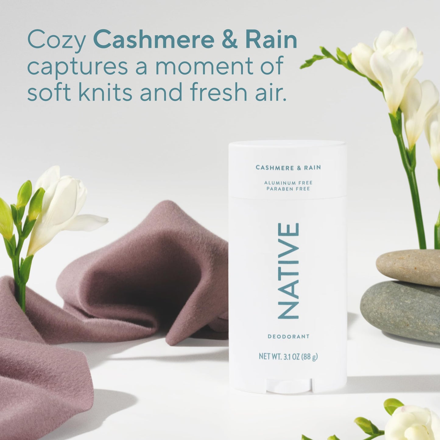 Native Aluminum Free Deodorant, Cashmere & Rain, Large Size Stick, 72 Hour Odor Control, for Women & Men, Contains Naturally Derived Ingredients, 3.1 oz