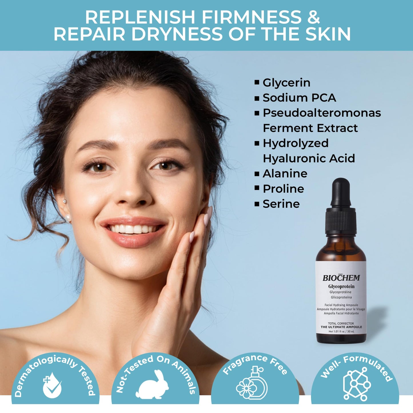 BIOCHEM Glycoprotein Hydrating Serum Ampoule – Deep Moisture + Skin Repair with Marine Glycoproteins & Hyaluronic Acid – Anti‑Aging Plumping Facial Serum, Sensitive Skin Safe, 1.01 fl oz / 30 mL