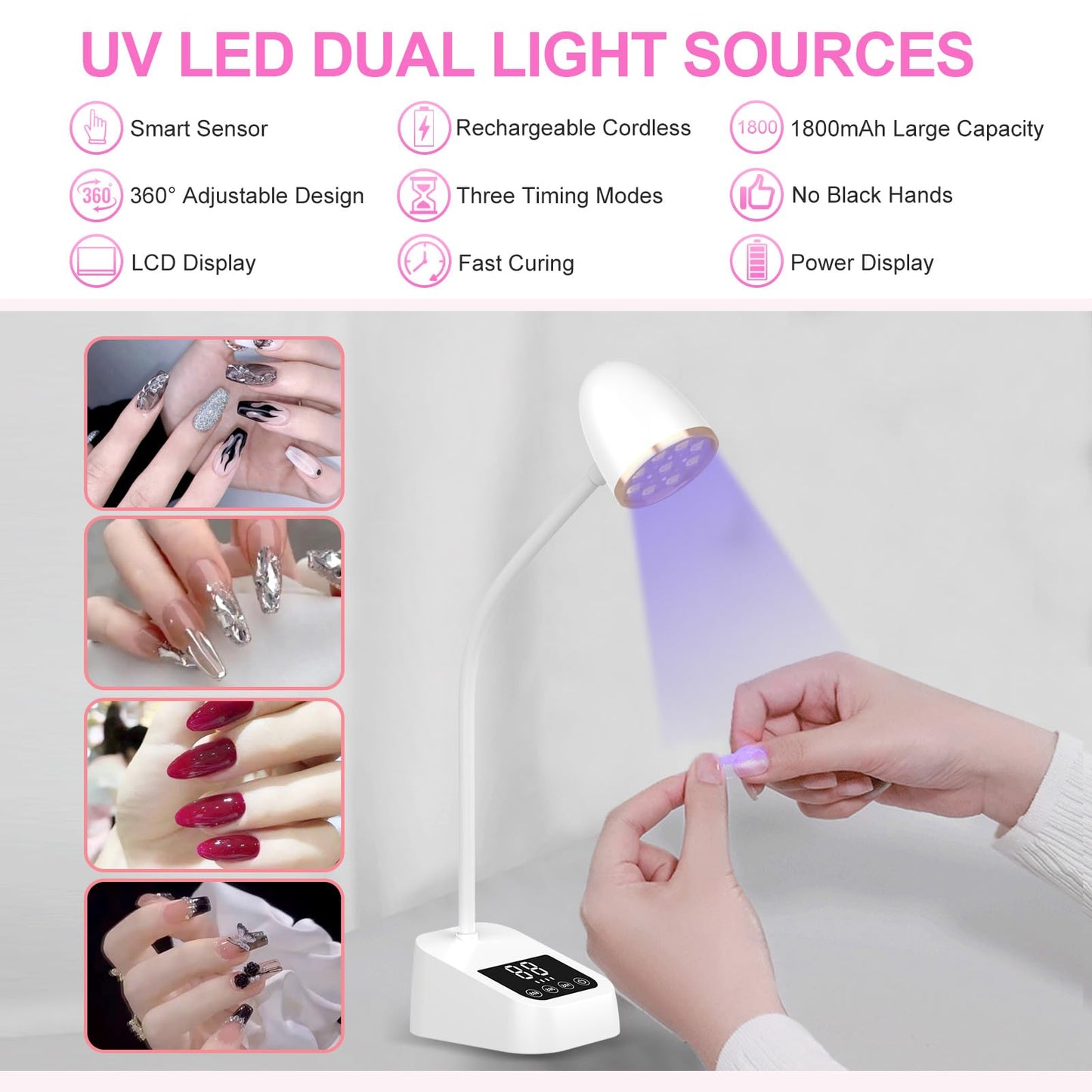 Mnhty U V Nail Lamp, 27W Rechargeable U V Light for Gel Nails Polish, Mini Flash Cure Light for Gel X Nails, Cordless U V LED Nail Lamps with 3 Timers&Sensor, Fast Curing Gooseneck U V Lamp White