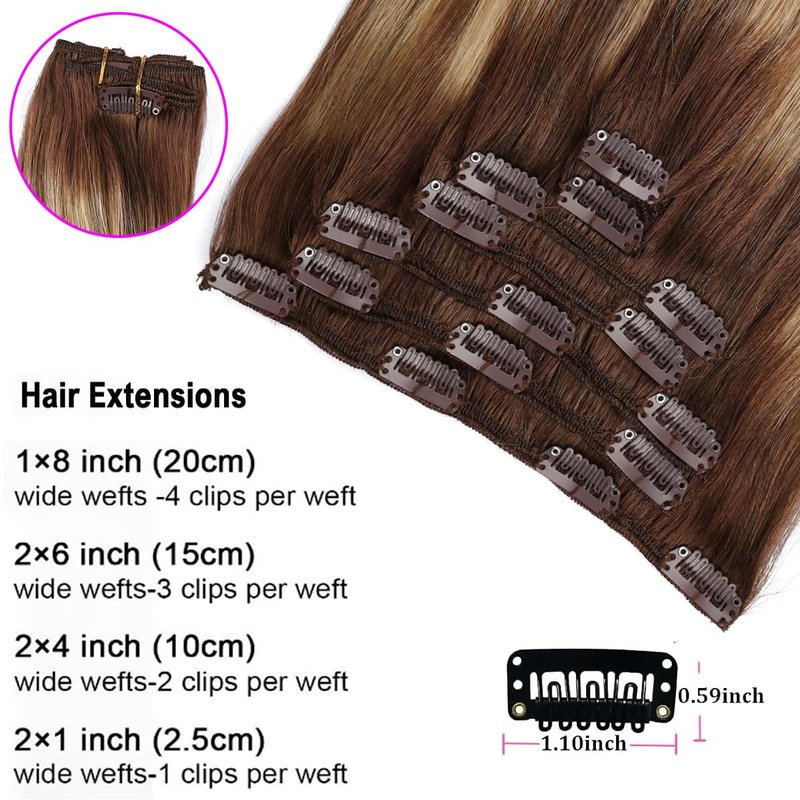 ORIGEN Clip in Hair Extensions Real Remy Human Hair Chocolate Brown to Caramel Blonde Highlights Straight Hair for Women 7pcs 80g 12 Inches
